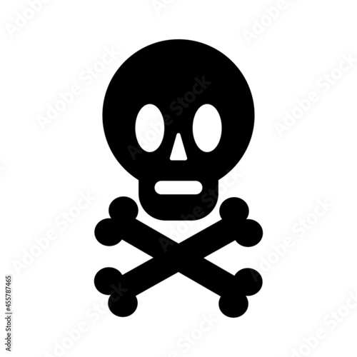 Hand drawn black skull and crossbones silhouette isolated on white background. Vector outline flat illustration. Design bone, skeleton death for Halloween, pirate party, invitation