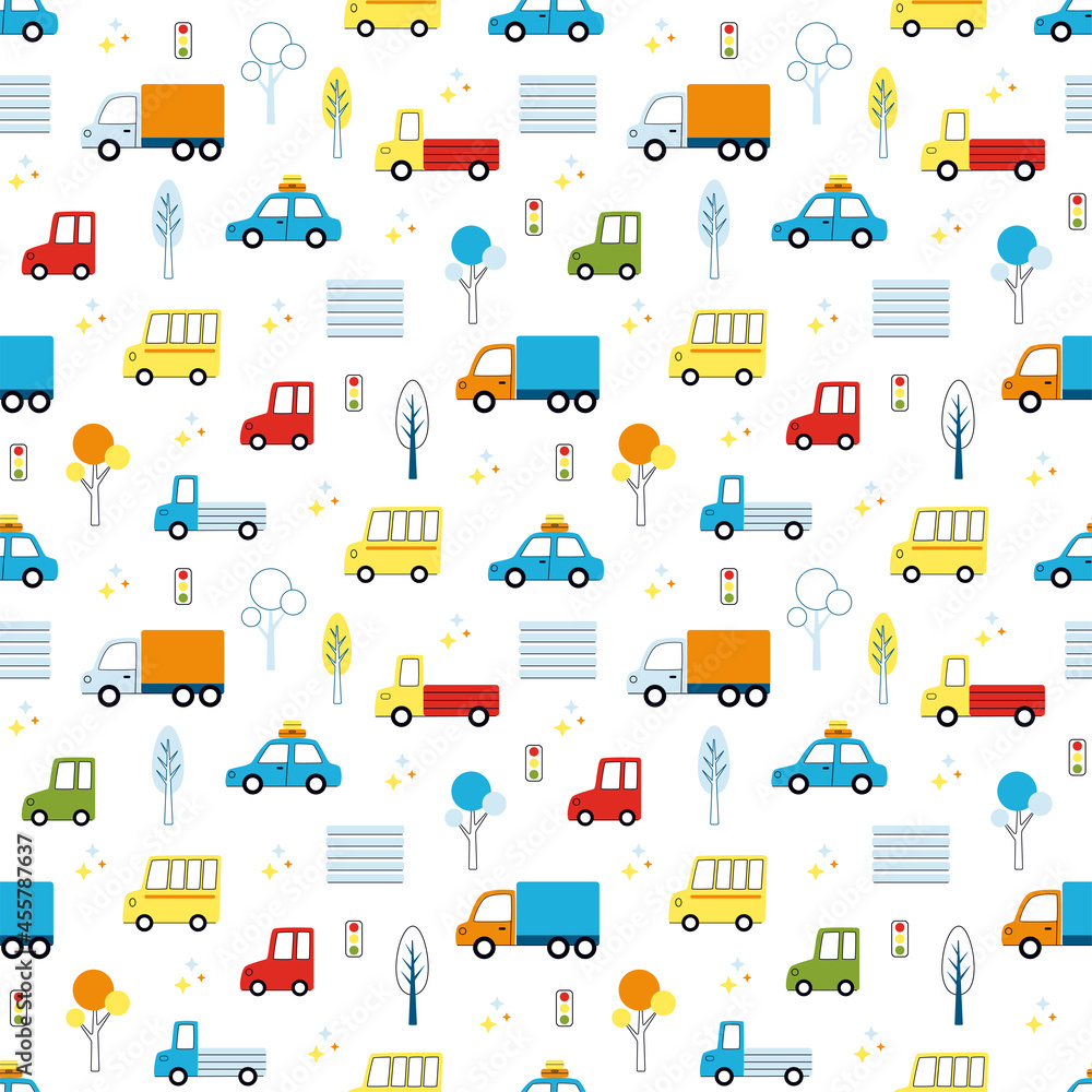 Fototapeta premium Cute seamless vector pattern with cars, trucks and buses. Funny illustration for kids with repeated ornament of city transport on winter white background