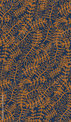 Outline leaf branches seamless repeat pattern. Random placed, botanical vector artwork all over surface print on dark blue background.