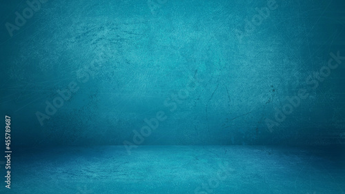 Teal Blue Grunge Cement Wall and Floor Studio Room Space Product Display Background Template