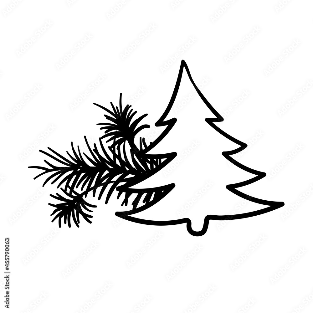 Obraz premium Christmas tree silhouette illustration on white. Christmas tree decor lineart
