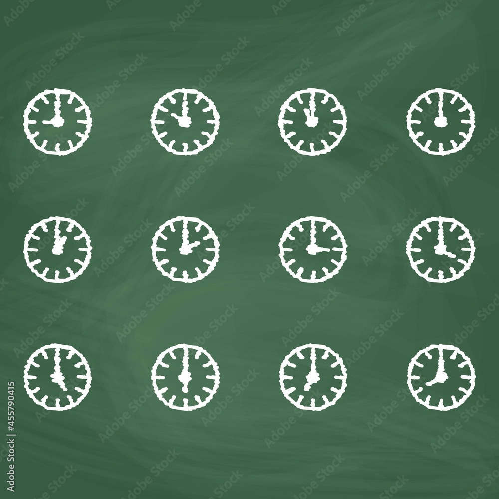 Set of the clock Icon design, Colorful chalk. Draw a picture on the blackboard. Set of the clock Icon design, Colorful chalk. Draw a picture on the blackboard.