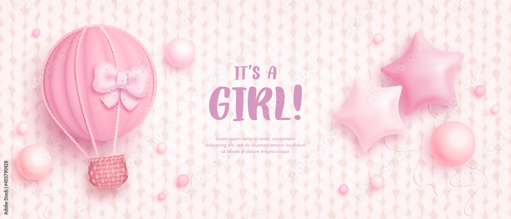 Baby shower horizontal banner with cartoon hot air balloon and helium balloons on pink knitted background. It's a girl. Vector illustration