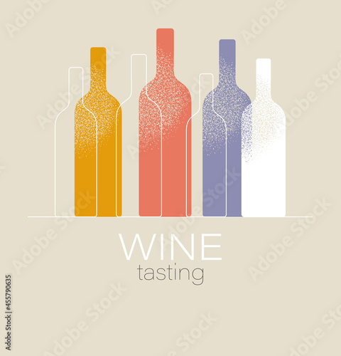 Wine tasting concept. Invitation template for an event, festival, party. Modern graphic design, poster, list, menu for restaurant, bar. Red or white wine bottles. Isolated vector illustration