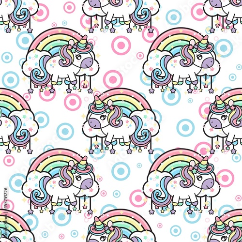 Pastel Unicorn rainbow pattern background. Colorful Cute unicorns, stars, circles pattern background. Seamless Vector illustration. Wrapping paper. 