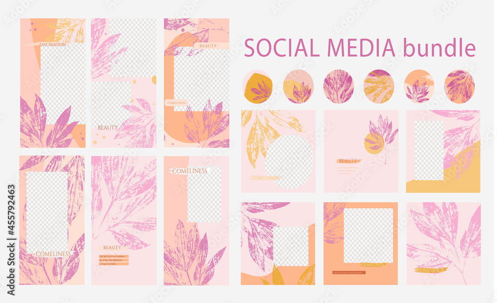 set of hand printed floral cards for social media design