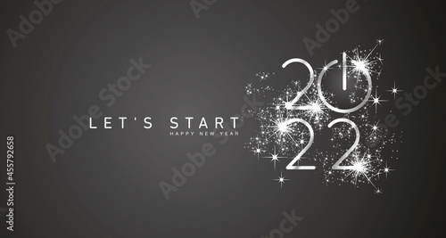 Start of Happy New Year 2022 silver white shining stars rounded typography black background banner and turn on button icon