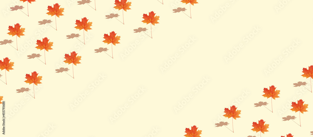 Pattern autumn maple leaf orange-red on white background in banner format with copy space