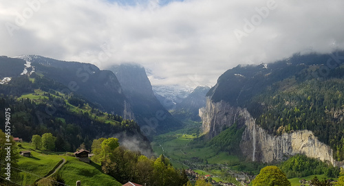 A view from the end of the Lauterbrunnen valley on a cloudy day photo