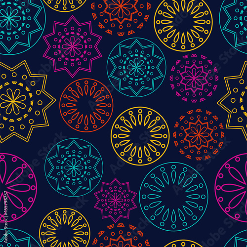 Vector. Perforated bright patterns Papel Picado pattern on a colored background. Hispanic Heritage Month. Polygonal seamless pattern for web banner, poster, cover, splash, social network.