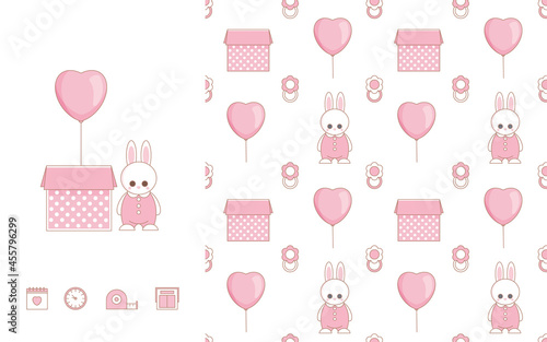 Baby Birthday card and seamless pattern with cute baby elements. Icons of baby items © Vitayuliaart