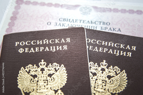 Russian passport and marriage certificate.