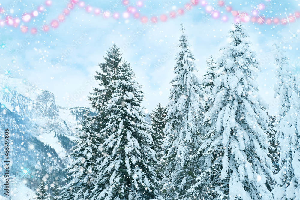 Obraz premium beautiful winter landscape, snow-covered fluffy fir trees, snowfall in the mountains, panorama of mountain peaks, the Swiss Alps in the snow, walks in the winter white forest