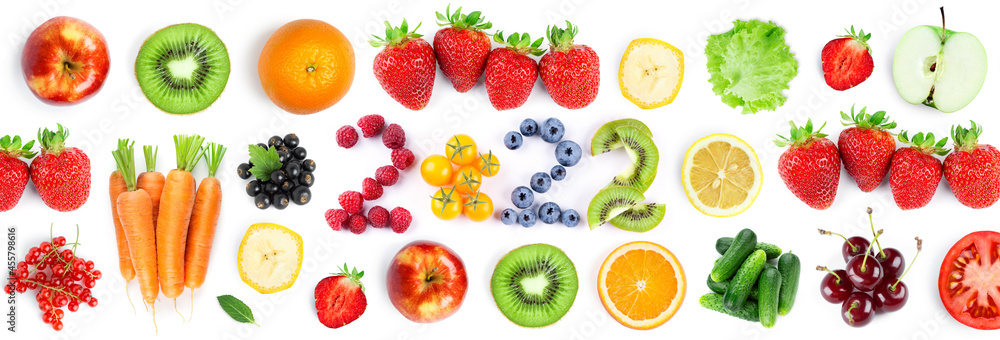 Fruits and vegetables. New year 2022 made of fruits and vegetables on the white background. Healthy food. Texture