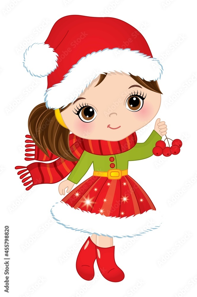 Fototapeta premium Cute Little Girl Wearing Santa Claus Hat Holding a Branch of Red Berries. Vector Christmas Cute Girl with Ashberry