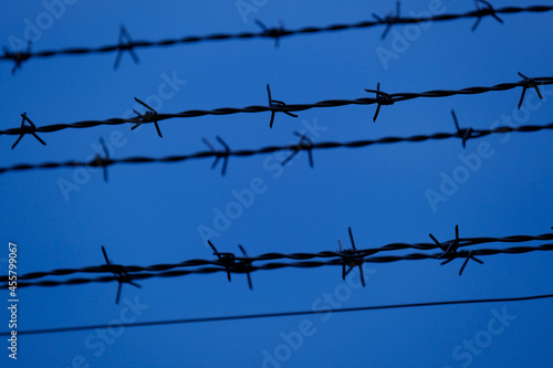 many rows of barbed wire on a blue background, concept of imprisonment, restricted area