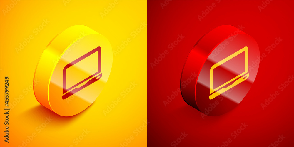 Isometric Laptop icon isolated on orange and red background. Computer notebook with empty screen sign. Circle button. Vector Isometric Laptop icon isolated on orange and red background. Computer notebook with empty screen sign. Circle button. Vector