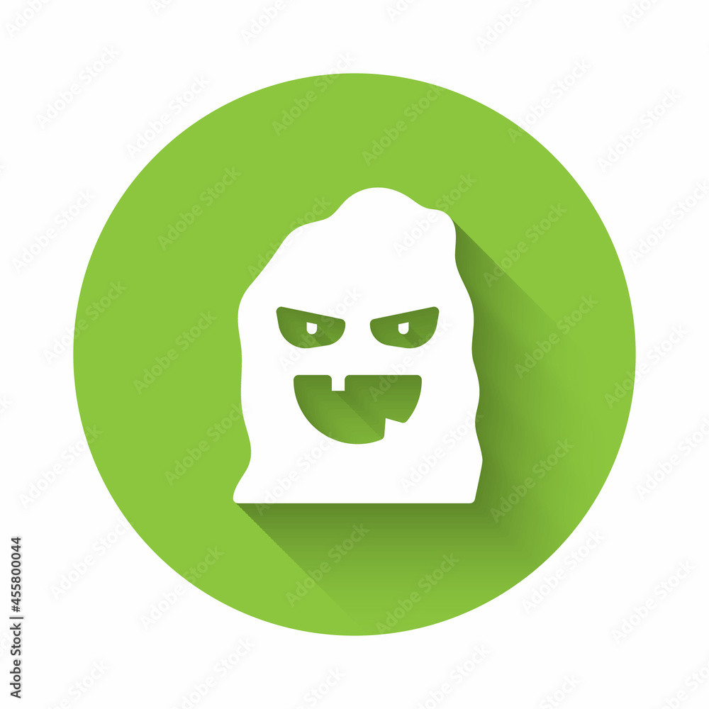White Funny and scary ghost mask for Halloween icon isolated with long shadow. Happy Halloween party. Green circle button. Vector White Funny and scary ghost mask for Halloween icon isolated with long shadow. Happy Halloween party. Green circle button. Vector