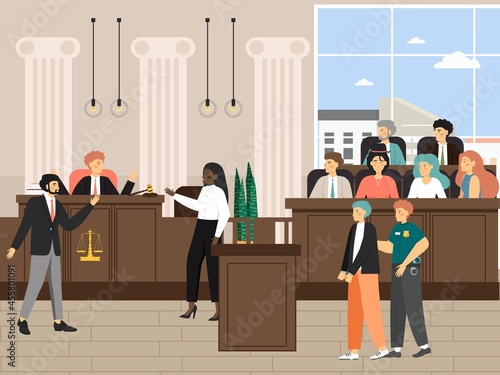 Court session in the courtroom, flat vector illustration. Legal trial with judge, jury, lawyers, security guard criminal