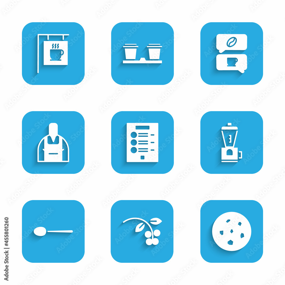Set Coffee menu, bean, branch, Cookie or biscuit, Electric coffee grinder, Spoon, Barista, and conversation and Street signboard icon. Vector Set Coffee menu, bean, branch, Cookie or biscuit, Electric coffee grinder, Spoon, Barista, and conversation and Street signboard icon. Vector