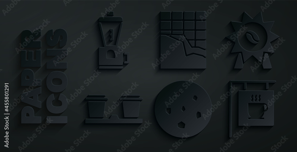 Set Cookie or biscuit, Medal for coffee, Coffee cup to go, Street signboard, Chocolate bar and Electric grinder icon. Vector