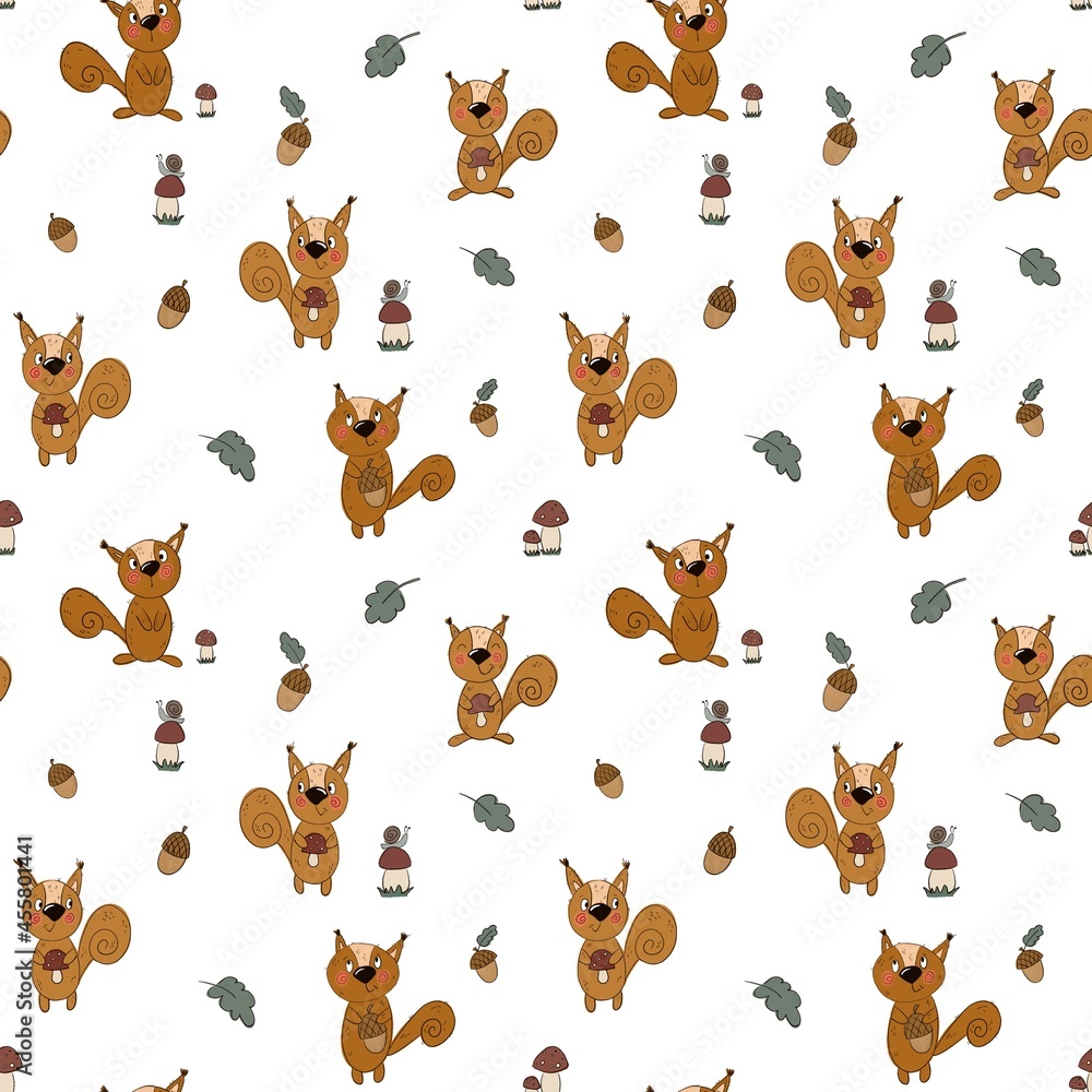 Fototapeta premium Seamless pattern on the autumn theme . funny squirrels, acorns, mushrooms are drawn in the kartun style . A pattern for clothing, fabric, and other items.