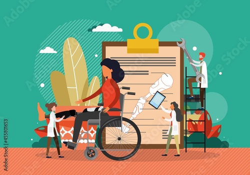Patient with disability in wheelchair visiting doctor to put on prosthetic leg. Disabled health care vector illustration