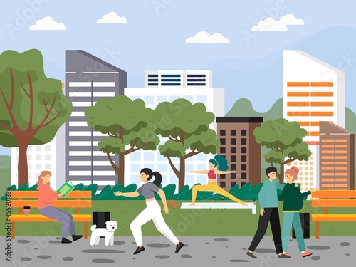 People enjoying spring weather in city park  vector illustration. Healthy active lifestyle. Spring leisure activity.