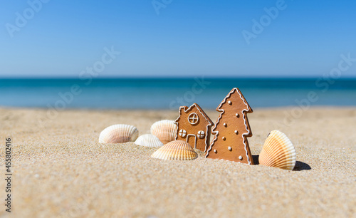 Christmas cookies in the shape of a Christmas tree and a house with small white shells on a sandy beach against the background of the sea. Selective focusing.