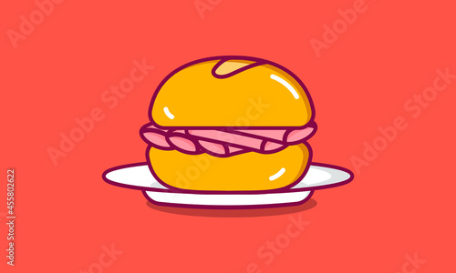 Flat design of a Bologna sandwich or mortadella sandwich (sanduíche de mortadela)of Municipal Market (Mercadão), São Paulo. Common snack of traditional French bread and mortadella consumed in Brazil. 