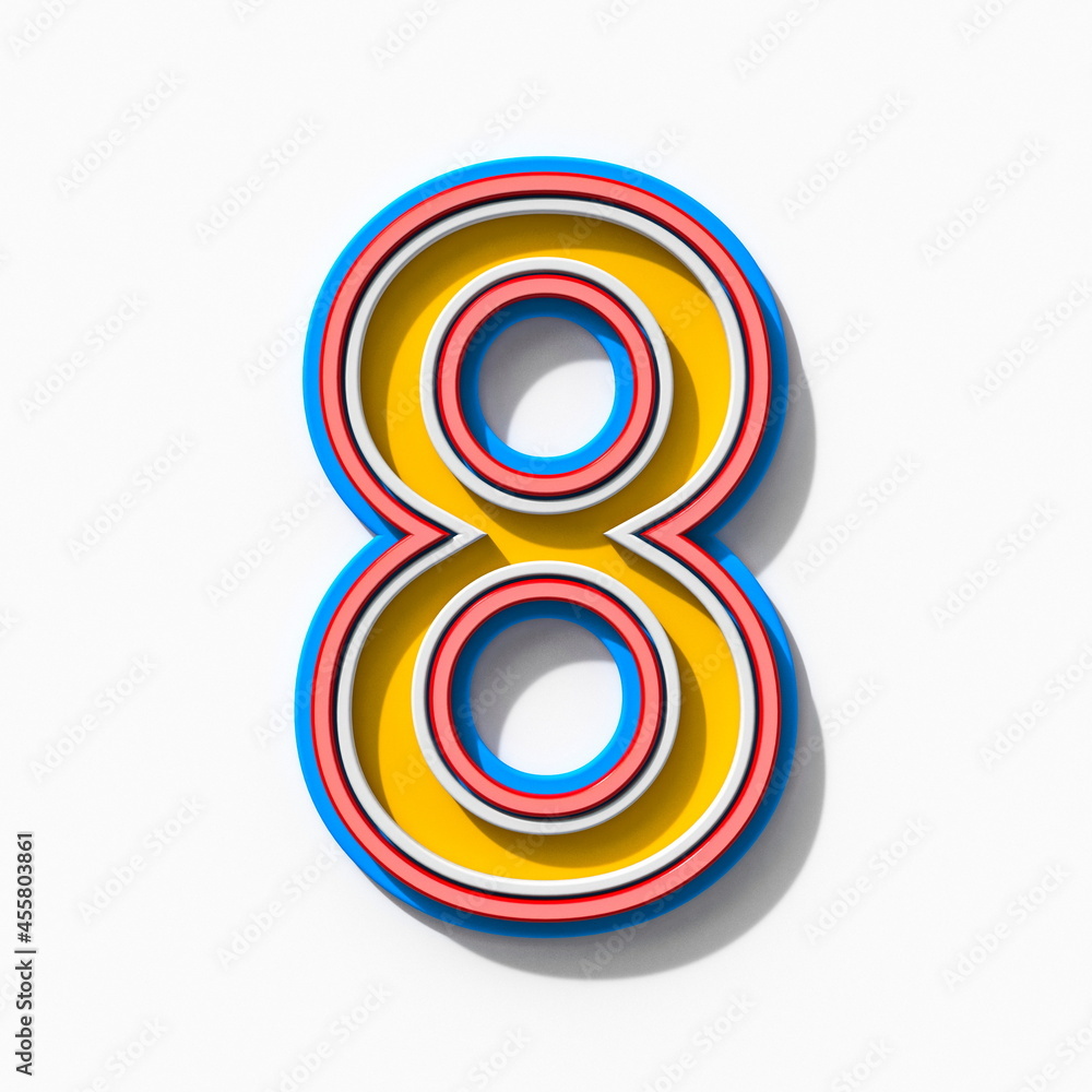 Slab serif colorful outlined font with shadows Number 8 EIGHT 3D