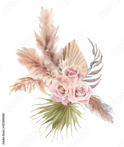 Fototapeta Naklejka Na Ścianę i Meble -  Watercolor boho floral bouquet  of pampas grass branches, palm leaves, dry flower, roses in pastel colors. Illustration for web design, print, fabric textile, wedding invitation and greeting cards