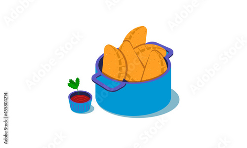 Angu Pastel (corn pastel), traditional brazilian mineira food. Accompanying pepper jelly and a leaf coriander. Pastry. Brazilian cuisine.