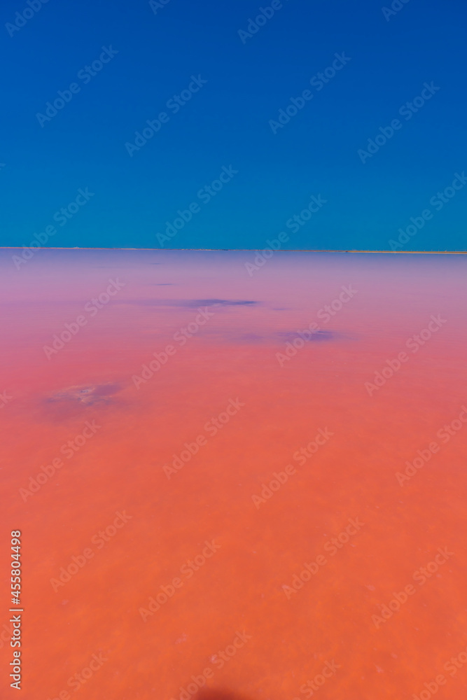 Salt lake with pink salt and the blue sky with clouds. Sasyk-Sivash pink salt lake in Crimea.
