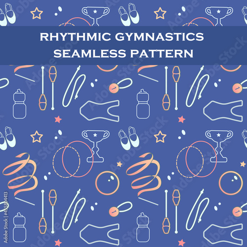 Vector seamless pattern of rhythmic gymnastics set of items. Sportwear, water bottle, equipment, ball, ribbon, clubs, rope, hoop and prizes