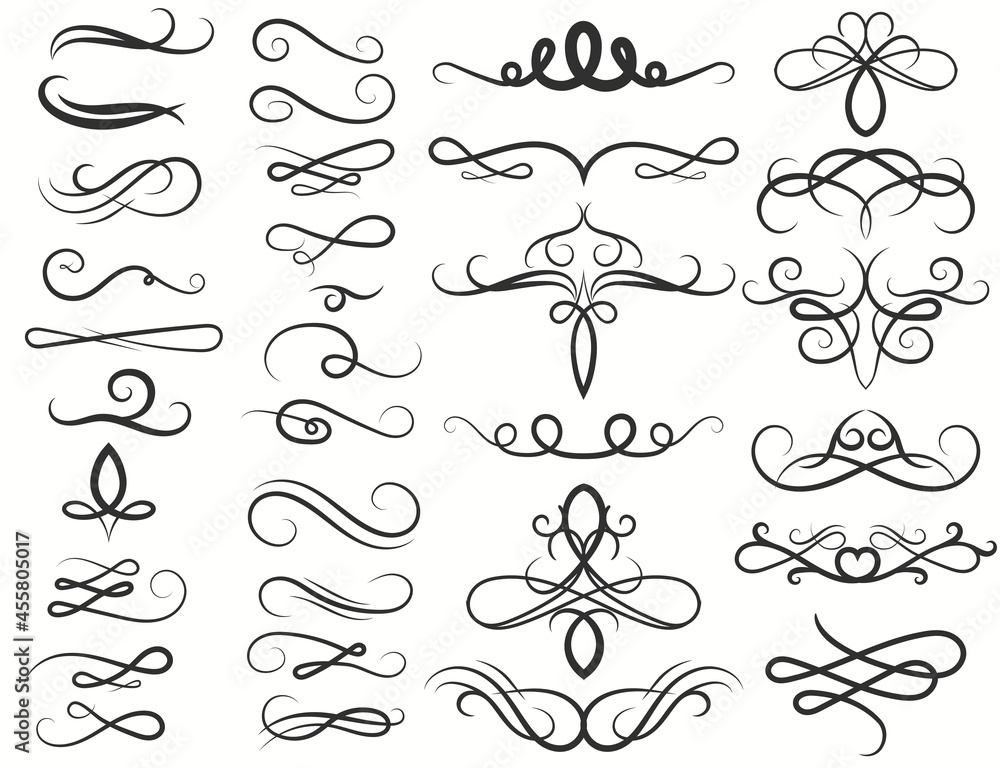 Calligraphy Swirl, Ink Pen Filigree flourishes. Ornate frame elements. Vintage Curl and swirly line. Vector