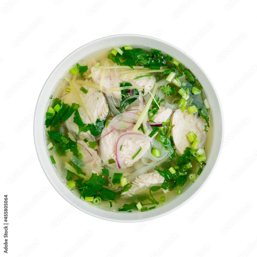 Vietnamese soup Pho GA on bowl, with chicken, green onion and spices isolated on white background top view Vietnamese soup Pho GA on bowl, with chicken, green onion and spices isolated on white background top view