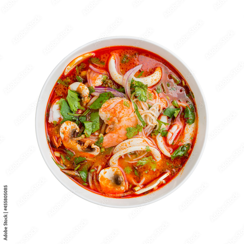 Tom Yam soup with shrimps and squids and rice isolated on white background top view Tom Yam soup with shrimps and squids and rice isolated on white background top view
