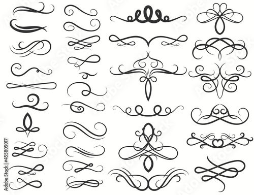 Calligraphy Swirl, Ink Pen Filigree flourishes. Ornate frame elements. Vintage Curl and swirly line. Vector