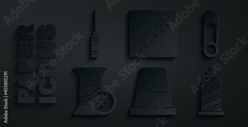 Set Thimble for sewing, Safety pin, Sewing thread and button, Pattern and Awl tool icon. Vector