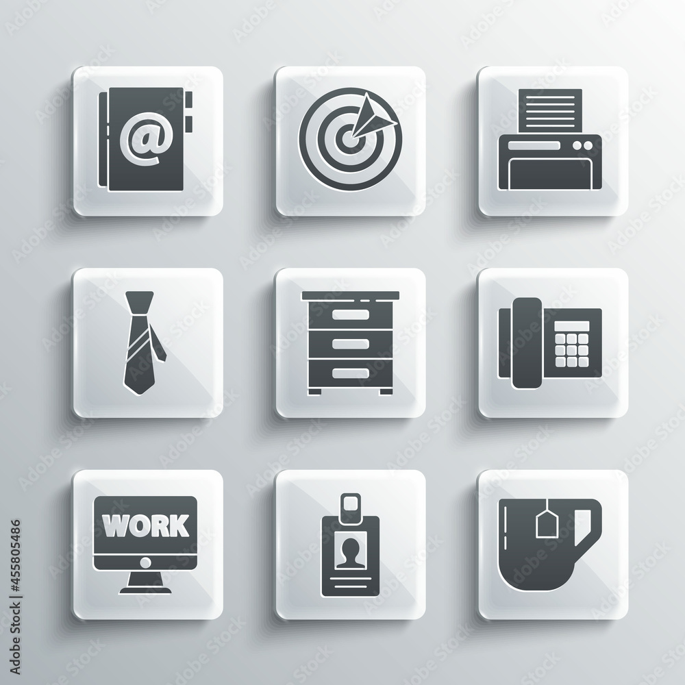 Set Identification badge, Cup of tea with tea bag, Telephone, Drawer documents, Monitor text work, Tie, Address book and Printer icon. Vector Set Identification badge, Cup of tea with tea bag, Telephone, Drawer documents, Monitor text work, Tie, Address book and Printer icon. Vector