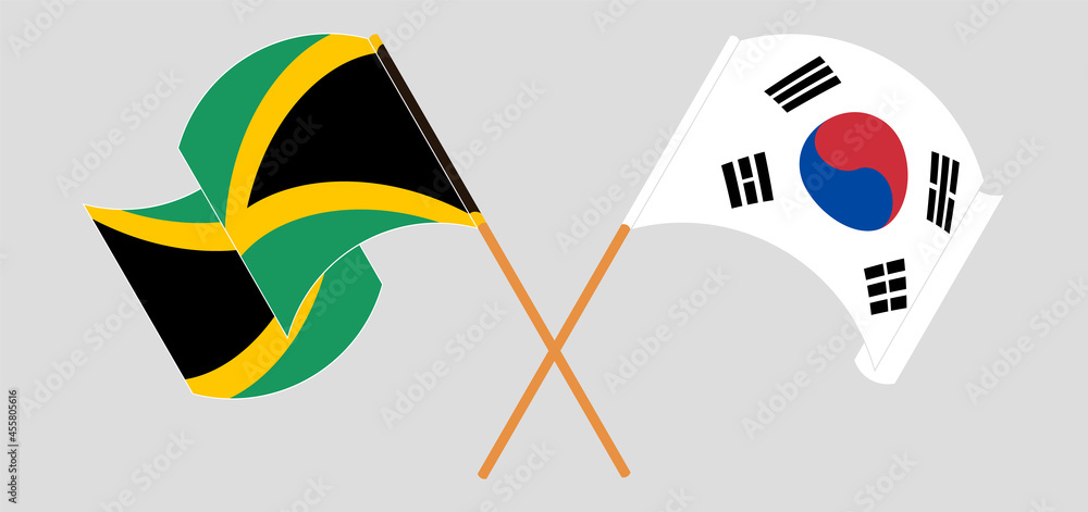 Crossed and waving flags of Jamaica and South Korea Crossed and waving flags of Jamaica and South Korea