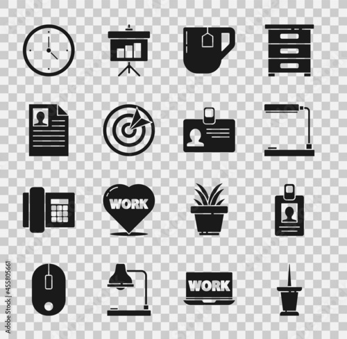 Set Push pin, Identification badge, Table lamp, Cup of tea with tea bag, Target sport, Resume, Clock and icon. Vector
