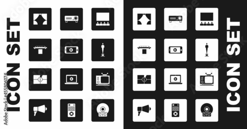 Set Cinema auditorium with screen, Online play video, Limousine car and carpet, Curtain, Movie trophy, Movie, film, media projector, Retro tv and Old movie countdown frame icon. Vector