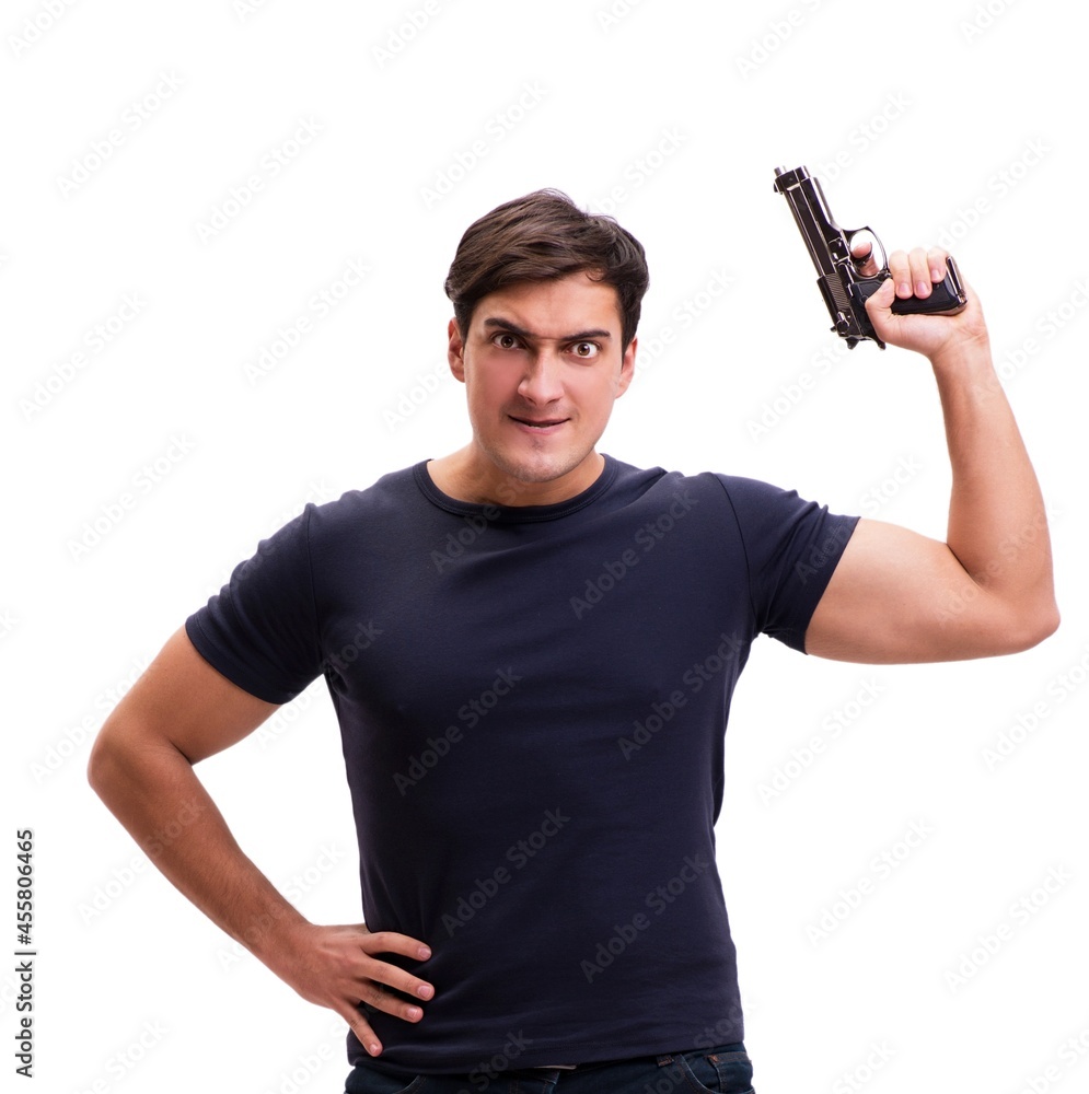 Aggressive young man with gun isolated on white Aggressive young man with gun isolated on white