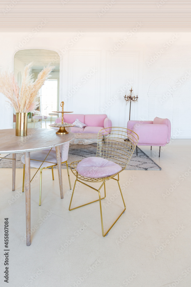 delicate and cozy light interior of the living room with modern stylish furniture of pastel pink color and white walls with stucco moldings in daylight delicate and cozy light interior of the living room with modern stylish furniture of pastel pink color and white walls with stucco moldings in daylight