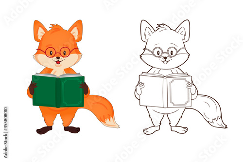 Coloring book, little red fox with glasses reads a book. Vector illustration in cartoon style, line art
