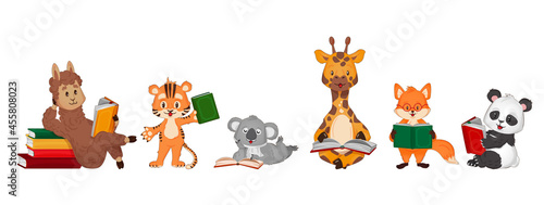 Set with cute animals reading books. Vector illustration in cartoon flat style © Hanna