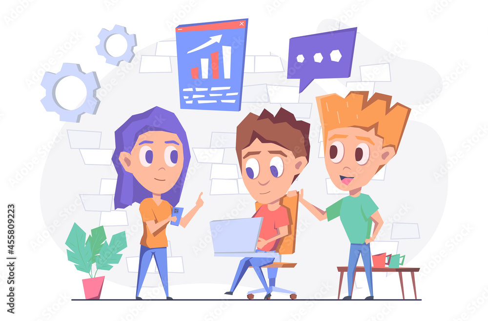 Teamwork. The team works together. The man sits with his laptop and discusses the schedule with the woman, a colleague stands nearby and supports them. Flat vector illustration. Teamwork. The team works together. The man sits with his laptop and discusses the schedule with the woman, a colleague stands nearby and supports them. Flat vector illustration.
