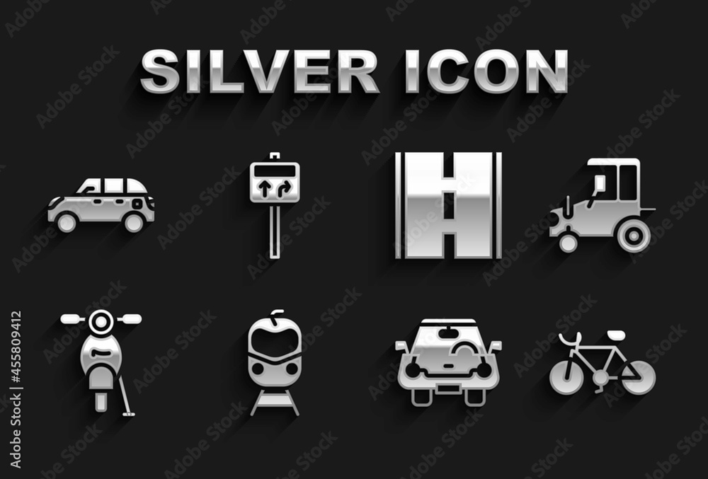 Set Train and railway, Tractor, Bicycle, Car, Scooter, Road, Hatchback car and traffic signpost icon. Vector Set Train and railway, Tractor, Bicycle, Car, Scooter, Road, Hatchback car and traffic signpost icon. Vector